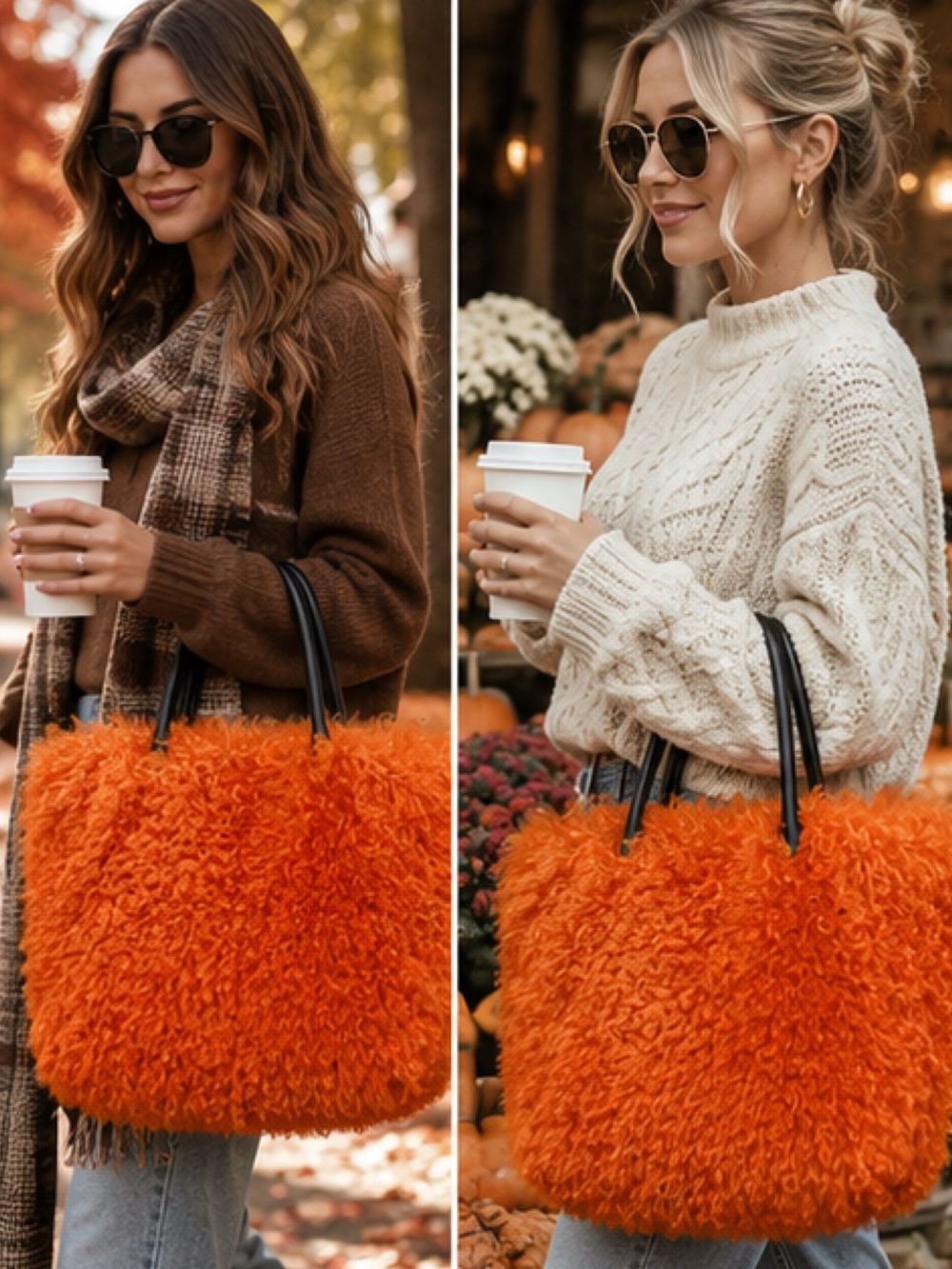 3 Mongolian Fur Tote Bags - Brown, Orange, Purple - 40 x 30 - Halloween Glam - Picture 2 of 13